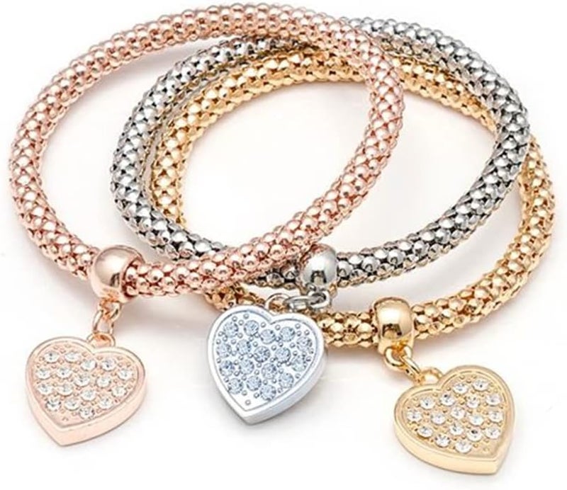 SILANER Crystal Charms Multilayer Bracelets - 3PCS Gold/Silver/Rose Gold Corn Chain Bracelet for Women, Tree of Life Heart Shaped Stretch Bracelet - Image 1